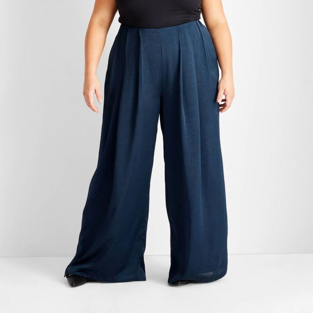 Women's Mid-Rise Pleated Wide Leg Pants - Future Collective Navy Blue 3X
